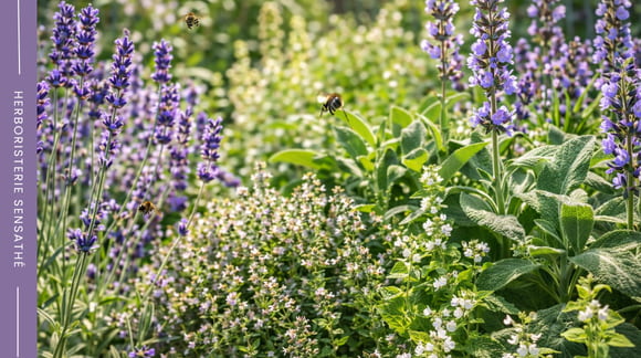 Plantes de la famille des Lamiacées dans un jardin de simples mellifère - Herboristerie Sensathé